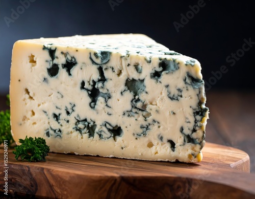Blue cheese wedge displays creamy texture and unique marbling on wooden board