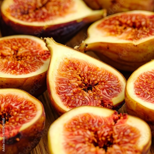 Freshly sliced figs arranged on a wooden board showcasing vibrant colors and textures