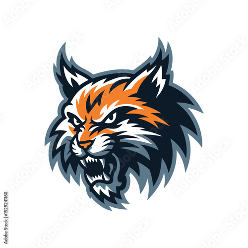 Fierce Wildcat Head Mascot Logo in Orange, Black and Blue Vector Style