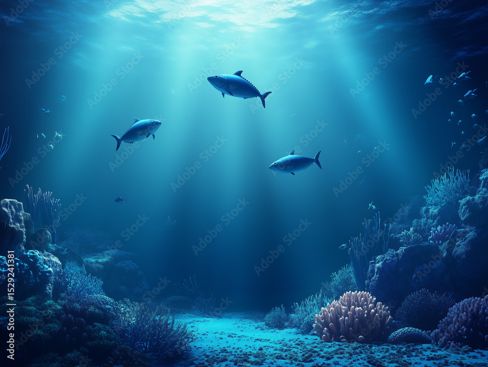 Fototapeta premium Tuna fish swimming over coral reef in deep blue ocean