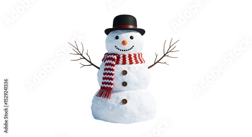 Cheerful snowman wearing a black hat and red scarf, standing in a snowy landscape with a clear blue sky