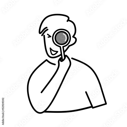 Hand-drawn outline icon of a person holding a magnifying glass, illustration symbolizing the act of searching or looking for something
