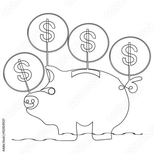 continuous line Money budget savings loan cash earning income wallet currency dollar card coin revenue piggy bank