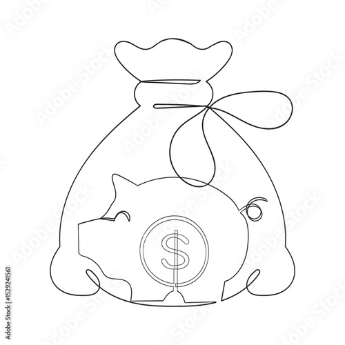 continuous line Money budget savings loan cash earning income wallet currency dollar card coin revenue piggy bank