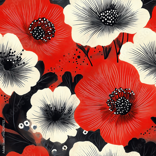 Seamless traditional Japanese abstract shibori pattern in red, black and white, celebrating the beauty of imperfection.