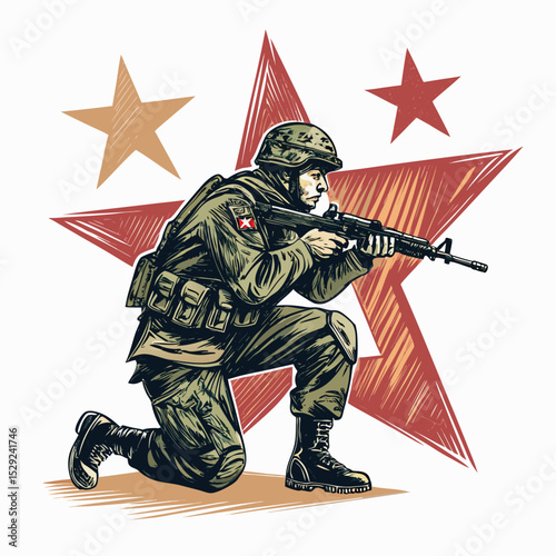 A camouflaged soldier crouching low to the ground, rifle held ready, in a tactical stance, amidst dense foliage.