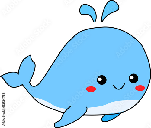 Adorable Blue Whale Cartoon Illustration with Cute Face and Water Splash – Fun Marine Animal for Kids and Learning Materials