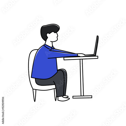 Simple line art Man working on laptop at table Icon Illustration, The man is wearing a blue shirt and sitting in a chair.