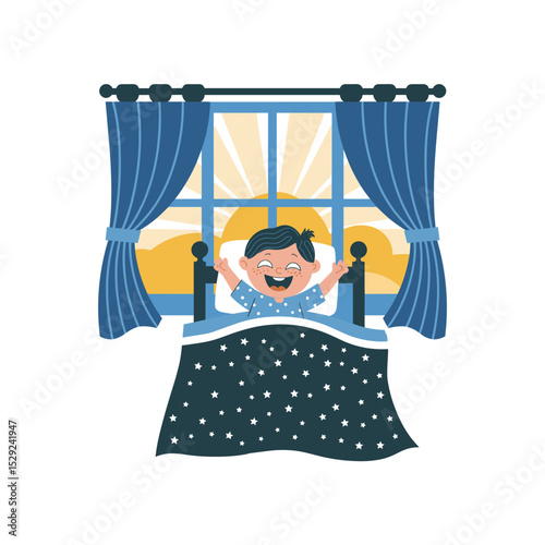 Happy Child Waking Up in Morning – Cute Sunrise and Bedtime Routine Illustration