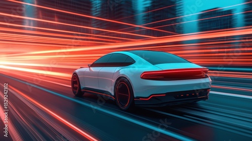Futuristic white sedan car in dynamic motion with light trails in a vibrant urban environment at night