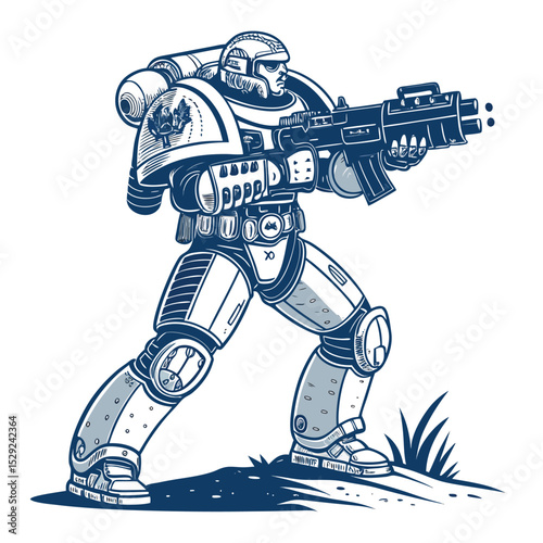A grizzled Space Marine, cybernetically enhanced with powerful robotic arms, wields a crackling plasma rifle.  Intricate details are crucial.