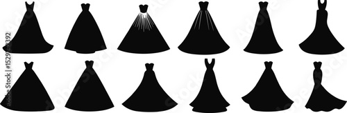 Elegant black dress silhouette collection, evening gown vector set, formal fashion clipart, bridal wear, wedding design