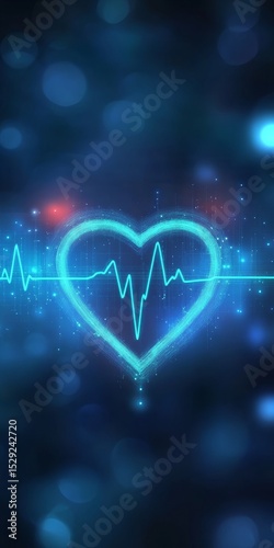 A vibrant neon heart rhythm glowing against a beautiful bokeh blue background, symbolizing vitality.