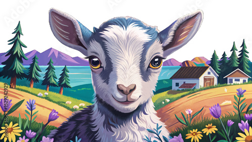 playful baby goat standing on a green hillside farm perfect for springtime scenes, rural life visuals, and children’s designs