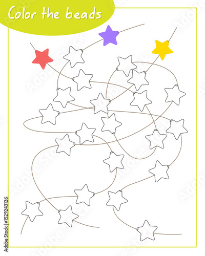 Color the star beads. Lesson for children education and activities. Age 5-7.