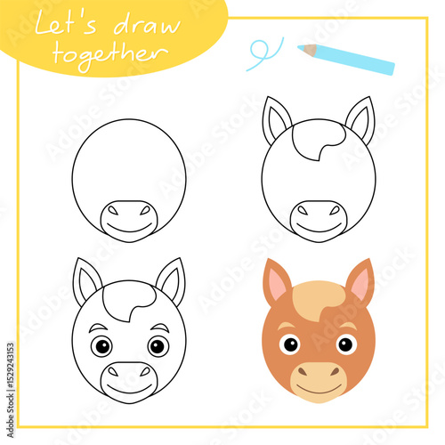 Step-by-step drawing with children. Training for primary school. Horse.