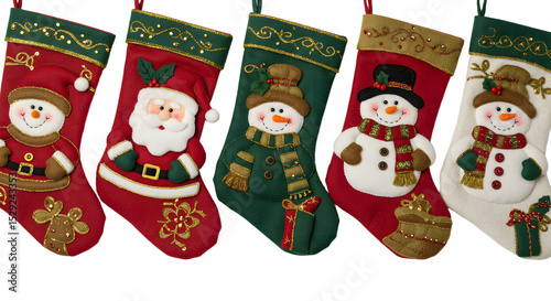Colorful Christmas stockings featuring Santa Claus and snowmen, hanging cheerfully, with festive decorations in the background