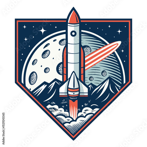 Design a vibrant space travel badge featuring a cartoon rocket launching towards an alien moon, incorporating an isometric perspective.