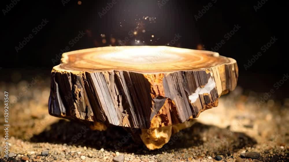 Cross section of wood stump, bright light emitting from the top, resting on sandy pebbles, dark background, glowing specks floating above