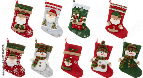 Colorful collection of festive Christmas stockings featuring Santa, snowmen, and holiday designs, perfect for seasonal decoration