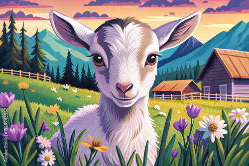 playful baby goat standing on a green hillside farm perfect for springtime scenes, rural life visuals, and children’s designs