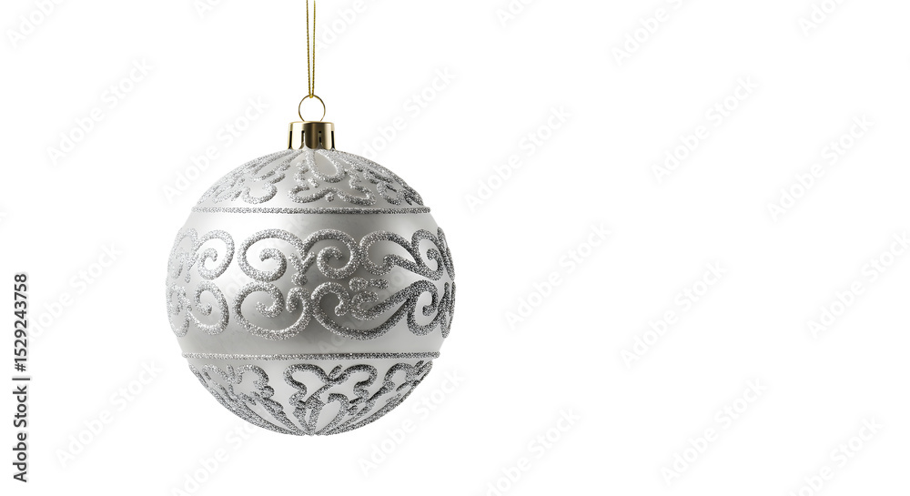 Elegant silver Christmas ornament hanging against a dark background, showcasing intricate designs and festive spirit Elegant silver Christmas ornament hanging against a dark background, showcasing intricate designs and festive spirit