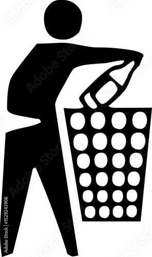 Black and white symbol of person throwing bottle into trash can, promoting proper waste disposal in public spaces through universal iconography.