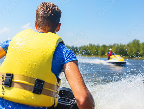 Man riding jet ski watching another person riding personal watercraft on lake