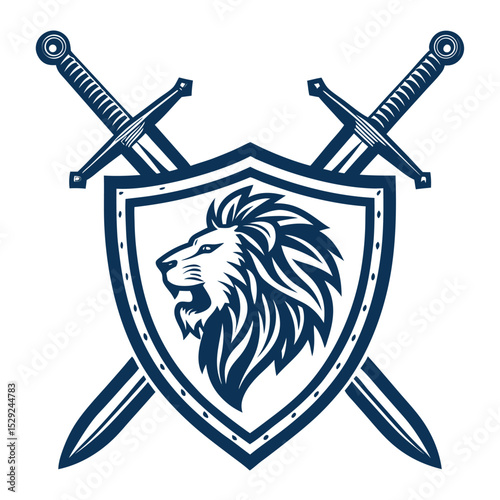 Design a stylized knight's crest featuring two crossed swords, incorporating heraldic elements and a bold, medieval aesthetic.