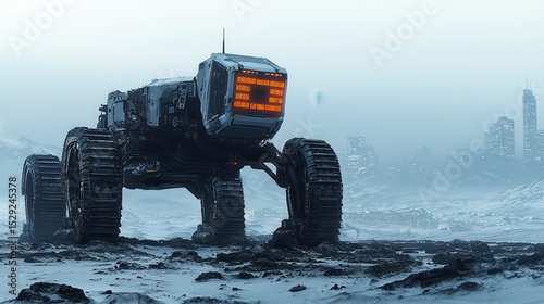 Futuristic rover exploring desolate terrain in a post-apocalyptic urban landscape with glowing digital display