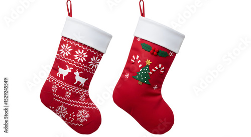 Two festive Christmas stockings adorned with reindeer and a tree design, hanging against a white background, ready for gifts