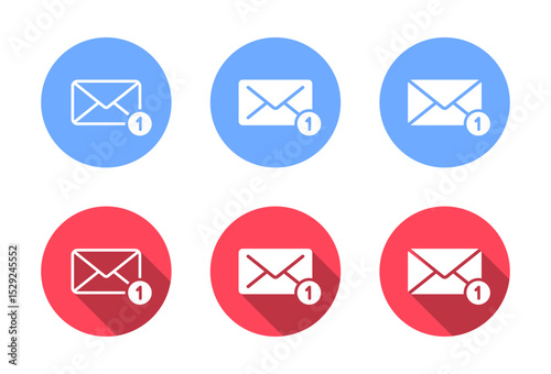 Message envelope notification icon set with long shadow. Email, mail sign symbol