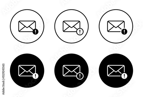 Warning message notification icon on black circle. Email envelope with exclamation mark sign symbol