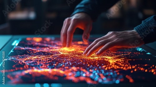 Hands Interacting with a Digital Map Displaying Bright Red and Orange Network Connections at Night