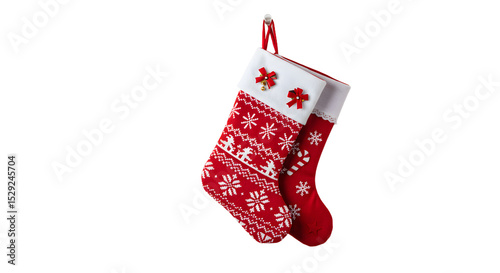 Two festive red Christmas stockings adorned with bows and snowflakes, hanging against a plain background, ready for holiday gifts