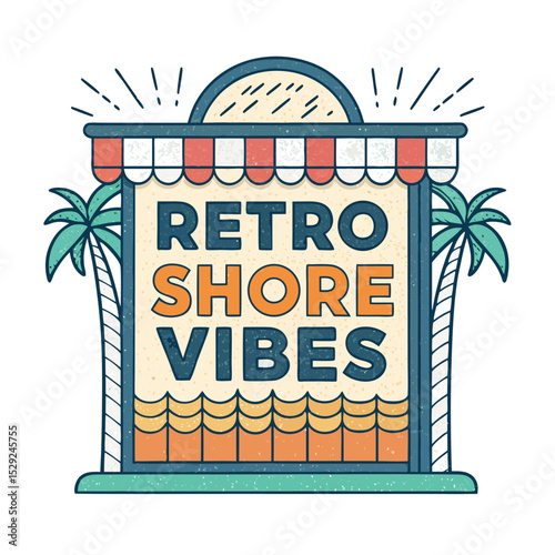 Design a retro-style surf shack storefront badge.  It should evoke a vintage beach vibe with classic surf imagery.