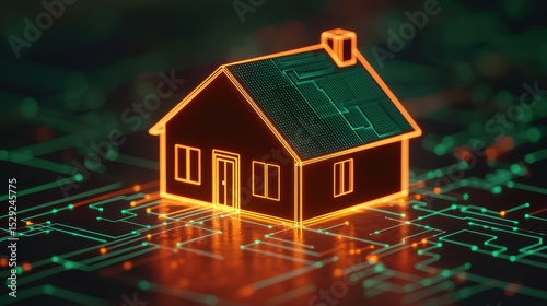 Digital House Model on Circuit Board Background Representing Smart Home and Technology Concepts