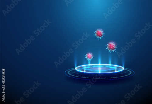 Viruses on futuristic podium. Virology, infectious diseases, virus diagnostics, virus research and biotechnology concept.