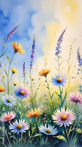 Wildflowers in sunlight, watercolor texture