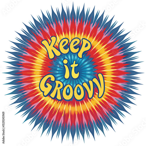 Psychedelic tie-dye sunburst design featuring the phrase "Keep it Groovy" in a wavy font. Vibrant colors and swirling patterns.