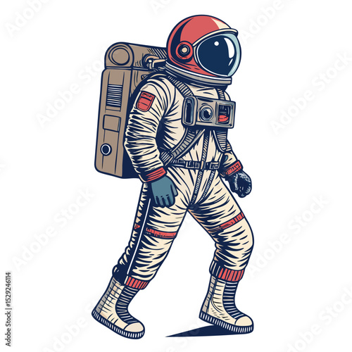 A retro-futuristic astronaut, time traveler, in vintage space gear, isolated on white.  Detailed helmet, weathered suit.