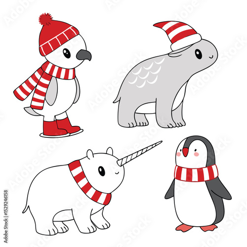 Cute Cartoon Animals in Winter Hats and Scarves