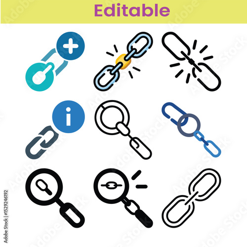 Set of chain link icon Hyperlink chain symbol Vector illustration and Hyperlink and Search Icon Set.