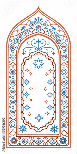 Islamic prayer rug design with arch and floral motifs