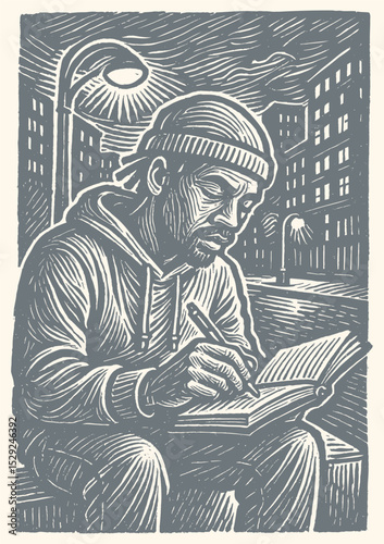 Soft Green long Urban Poet Writing at Night – Vintage Woodcut Style Engraving of Man with Notebook and City Lights in Brush Stamp Shape – Retro Literary Scene Illustration