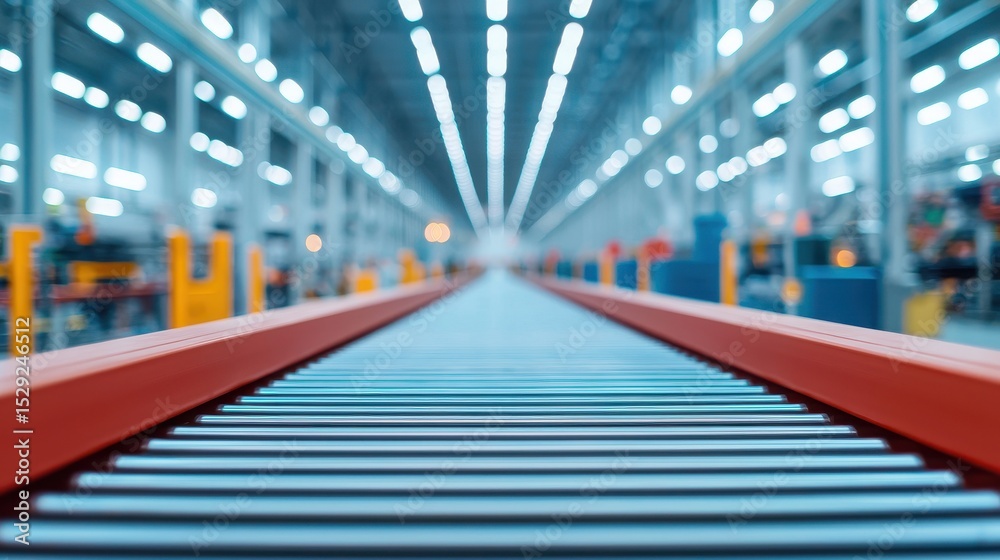 Fototapeta premium Modern Warehouse Interior with Conveyor Belt and Bright Overhead Lighting in a Busy Manufacturing Environment
