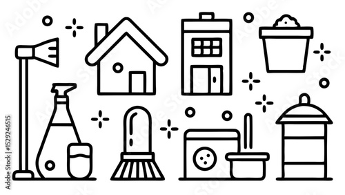 Cleaning supplies and house icons line art