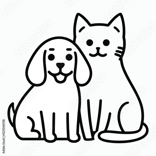 Simple Line Drawing of a Happy Dog and Cat Sitting Together White Background Black Outline Pet Companionship Illustration