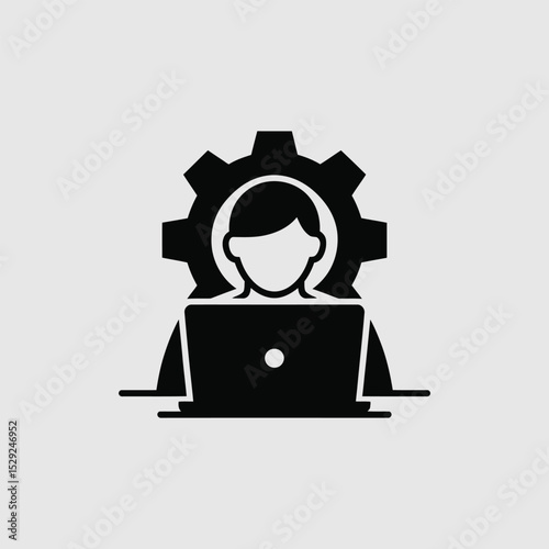 Person working on laptop with gear icon representing technical support or problem solving
