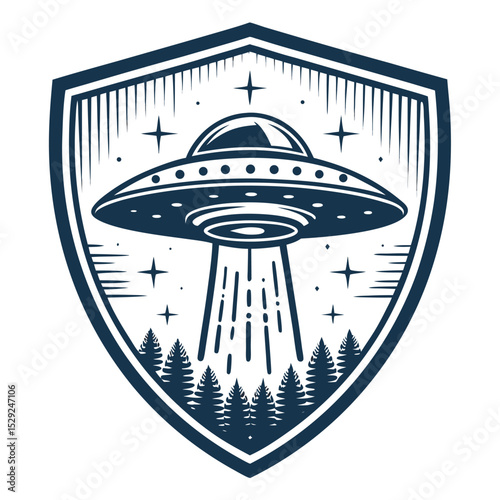 Design a futuristic UFO logo inside a glitch-effect shield, isolated on white.  High resolution, vector format.